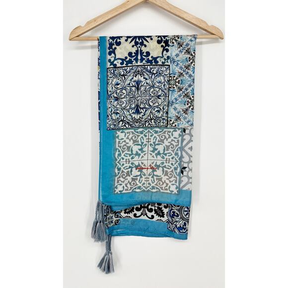 Johnny Was Silk Tassel Scarf Patchwork Mixed Print Square Wrap Blue Gray Green - Picture 5 of 12